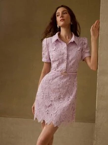 MOTF PREMIUM GUIPURE LACE OVERLAY PUFF SLEEVE BELTED SHORT SHIRT DRESS - Purple - View 6