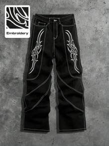 ROMWE MEN Street Life Quần denim rộng rãi thường ngày thêu túi màu cho nam - màu đen - Xem 1
