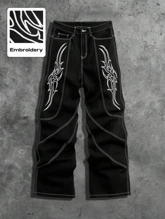 Grunge Punk Men's Embroidered Color Block Pockets Loose Casual Denim Trousers