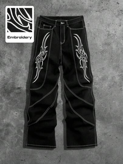 Grunge Punk Pantalones vaqueros casuales holgados con bolsillos de bloqueo de color bordados para hombre