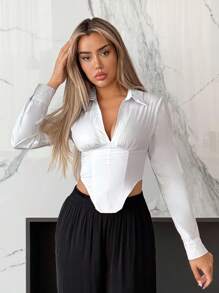 SHEIN ICON Blusa de mujer de manga larga con cuello en V, ajustada, sexy y ropa de mujer para otoño - Blanco - Ver 5