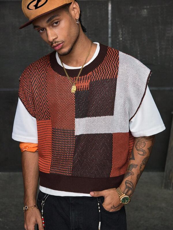AXEPEAK Men's Geometric Pattern Crew Neck Casual Loose Knit Vest