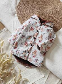 SHEIN Vintaside Kids 年轻女孩动物与植物印花保暖内衬连帽纽扣可爱卡通夹克，适合日常休闲穿着 - 彩色 - 查看 3