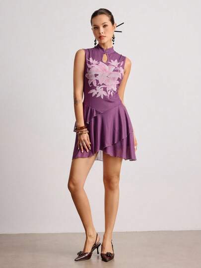 New Chinese Style Retro Collar Floral Print Fitted A-Line Women Short Dress