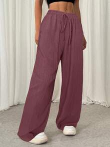 SHEIN EZwear Women's Plum Red Front Tie Ruched Casual Pants - Red Violet - View 3