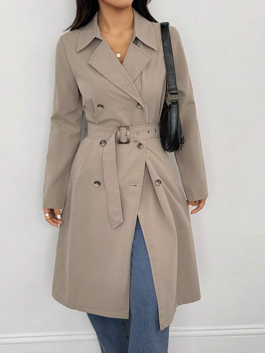 SHEIN PETITE Khaki Retro Long-Sleeved Waist Women's Trench Coat,Winter Women,Winter Women Coat,New Year Eve,Women Jackets, Women,Long Women Jackets,Winter Women Jacket,Elegant Jackets,Business Women Trench Coat Women Women Trench Coats Long Trench Coat Double Breasted Trench Coat Belted Trench Coat Women Trench Coat Long Coat Long Jacket Women Women Outerwear - Khaki - View 1