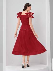 Modelyn Women's Solid Color Bow Decor Off Shoulder Elegant Dress - Red - View 4