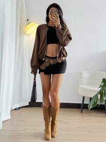 SHEIN Raffinéa Women's Casual Zip Pocket Long Sleeve Jacket, Autumn - Brown - View 6