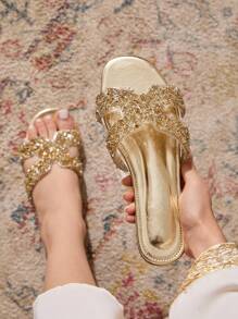 CUCCOO TILAWA 女士奢华优雅闪亮迷人 H 型金色拖鞋，水晶莱茵石金色闪光一脚蹬，适合晚会、婚礼、典礼、时装秀 - 金色 - 查看 1