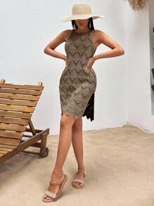 EURMUSE Women's Solid Color Round Neck Sleeveless Hollow Out Split Thigh Cover Up Dress - Brown - View 5