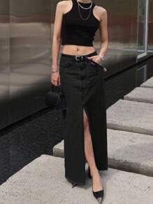 Strévra 女士休闲侧开衩长款牛仔裙，带口袋