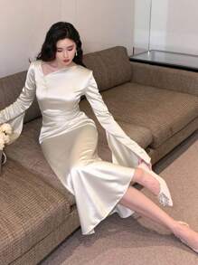 DAZY Women Asymmetrical Neck Ruched Flare Sleeve Midi Dress Elegant Satin Dress Classy Dress Ankle Length Dress Satin Midi Dress,Back To School Clothes Wedding Women Dresses - White - View 2
