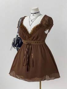 Sunspun Áo kiểu thời trang cỡ lớn dành cho nữ, phối ren tương phản, thắt eo. - màu nâu - Xem 4