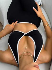 Slayoga 3 Teile Damen Farbblock Sport Set mit offenem Rücken für Yoga