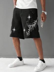 Manfinity LEGND 男士街头时尚休闲刺绣黑色牛仔短裤，适合派对和郊游，Emo 风格 - 黑色 - 查看 4