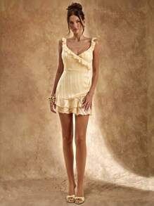 SHEIN BAE Váy không tay hở vai cổ chữ V sâu gợi cảm màu vàng bơ cho nữ, váy màu vàng, váy đi nghỉ, váy tốt nghiệp, váy phù dâu, xuân/hè - Màu vàng - Xem 5