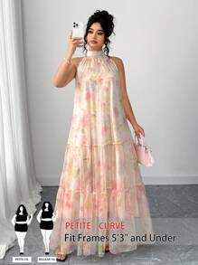 SHEIN PETITE CURVE 大码女式优雅梭织无袖花卉网眼连衣裙 - 米色 - 查看 4