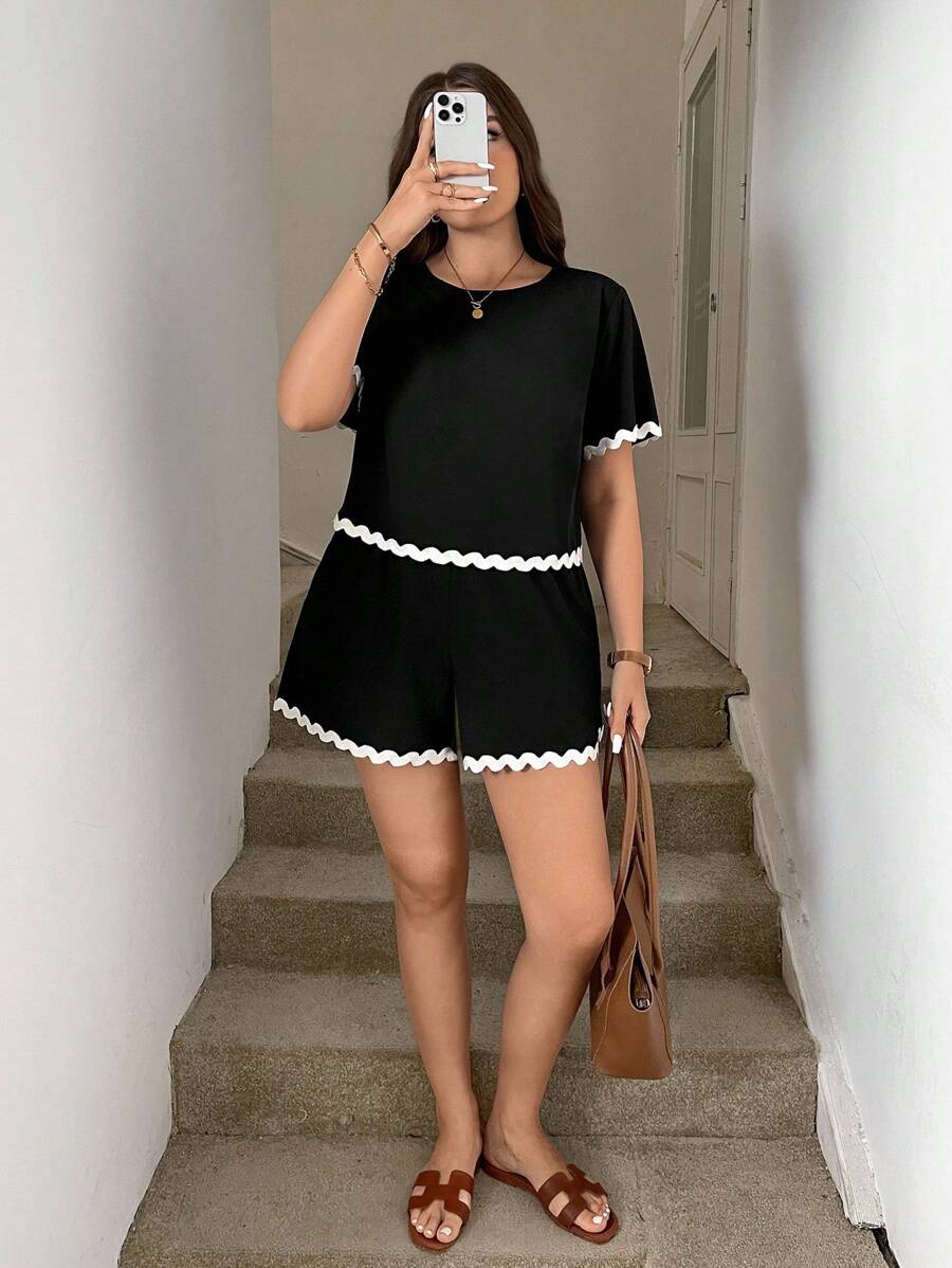 Easowa Curve 2 件套大码女式拼布波浪带返校装女式修身短袖上衣和短裤返校节秋季女士商务休闲曲线装