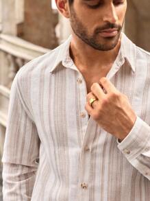 HIMLAND 男士休闲梭织条纹修身长袖衬衫，秋季