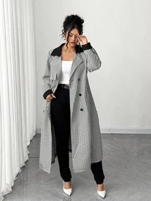 Elenzga Plus Size Women's Black & White Plaid Contrast Color A-Line Double-Breasted Elegant Trench Coat, Autumn/Winter Fall Cloth For Women - Black and White - View 3