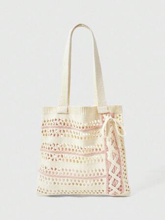 Kawaii Bolso de mano de estilo Mori Girl con diseño hueco de punto y lazo, bolso de hombro para mujer