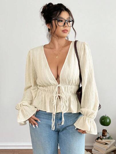 Lounesse Camiseta de manga larga con cuello en V y detalle de lazo en la parte delantera, texturizada en color albaricoque, de talla grande para mujer, de diseño moderno y versátil para el uso diario