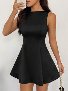 SHEIN PETITE 女士纯色无袖 A 字腰优雅连衣裙，适合秋季约会 - 黑色 - 查看 7