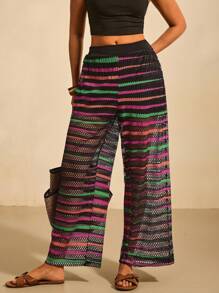 SHEIN VCAY Pantalon ample et ample à jambes larges, rayé et ajouré, pour femmes grandes tailles - Multicolore - Voir 4