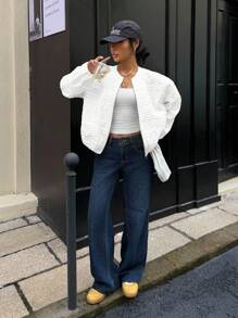 Muchica Plain White Round Neck Bomber Jacket With Regular Hem For Everyday Style White Textured Jacket White Bomber Jacket In Fall/Winter - White - View 3