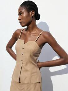 Maija 卡其色条纹印花金属纽扣设计可调节吊带女式休闲上衣,时尚现代优雅商务休闲风,适合度假、派对、婚礼宾客、早午餐、Y2K复古风、返校季秋季穿搭。 - 卡其色 - 查看 9