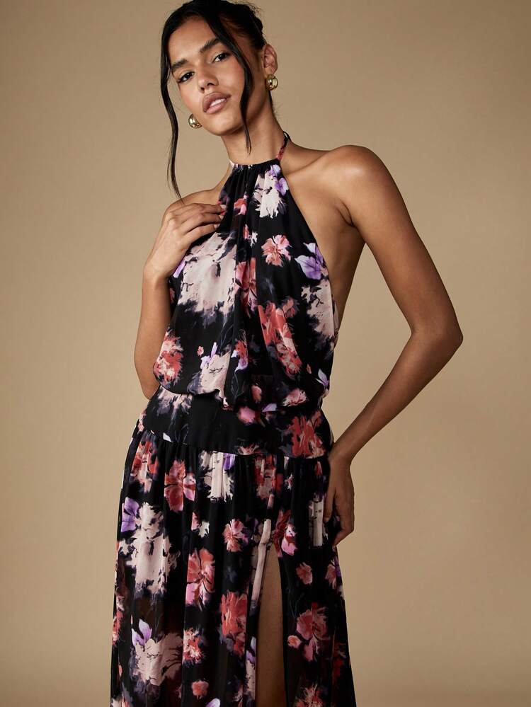 MISSGUIDED Floral Halter Neck Maxi Dress Flowing A Line Side Slit Backless Summer Wedding Guest Party Gown Evening Occasion Sleeveless Dress