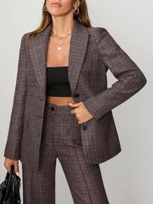 EURMUSE 粗花呢面料优雅优质西装外套，缺口翻领，单排扣，三颗黑色纽扣，合身廓形，专业经典风格 - 彩色 - 查看 5