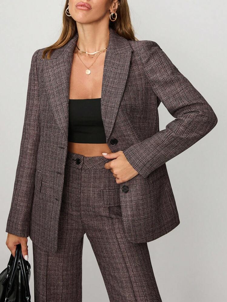 EURMUSE Tweed Fabric Elegant Qualited Blazer, Notched Lapel, Single-Breasted With Three Black Buttons, Fitted Silhouette, Professional And Classic Style - Multicolor - View 5