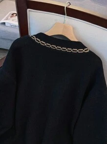 GlowEve CURVE Cárdigan de manga larga con cuello en V y estampado de cadena, informal para otoño/invierno, talla grande - Negro - Ver 11