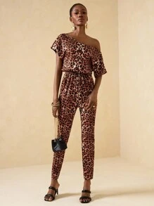 Lyxana Women's Fashionable Leopard Print Asymmetric Shoulder Jumpsuit, Summer - Multicolor - View 5