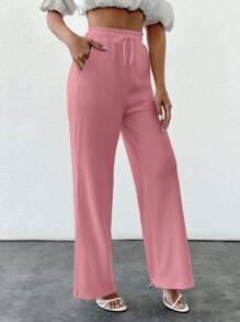 EURMUSE Summer Solid Color Beige High Waist Drawstring Waist Linen Look Wide Leg Pants - Dusty Pink - View 4
