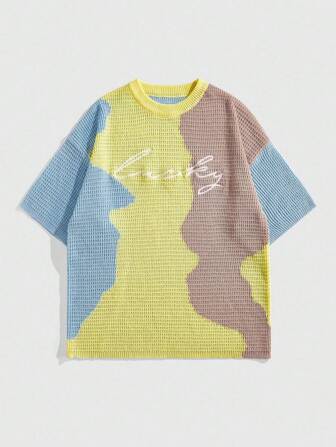 Street Life Herren Rundhals Pullover mit Buchstaben-Stickerei und Kontrastfarben Kurzarm