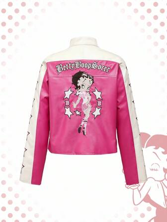 Betty Boop | ROMWE Y2K Cartoon Figure Graphic Embroidered Sweet & Cool Motorcycle Biker Chic PU Patchwork Racing Jacket For Women