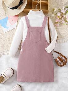 Girls Minimalist Versatile Suspender Dress, Suitable For Autumn & Winter - Pink - View 6