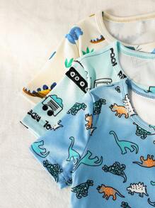 SHEIN Playful Pals Set de 6 piezas de pijama para niño: Camiseta ajustada con estampado de dibujos animados de espacios y animales marinos & Conjunto de pantalones cortos para niños pequeños - Multicolor - Ver 5