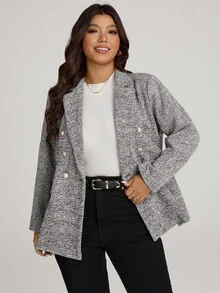 SHEIN LUNE 大码秋冬女款缺口领长袖纽扣前格子休闲西装外套/粗花呢材质/黑色西装外套/冬季女款夹克派对亮片假日 - 彩色 - 查看 3