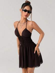 SHEIN ICON 女式纯色褶饰前系带性感迷你露背连衣裙