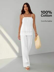 SHEIN Tall 春夏蕾丝拼接可追溯棉质吊带背心和裤子女士两件套 14361124111500954 情人节&新年女士西装外套,酒红色套装,西装套装,办公室淑女装,商务淑女装,两件套秋装,情侣装,衬衫套装,秋装,家庭睡衣套装,新年女装 - 白色 - 查看 7