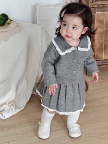 DAZY 2pcs Baby Girls' Lace Patchwork Collared Long Sleeve Cardigan And Pleated Skirt Knit Sweater Set Fall,Winter