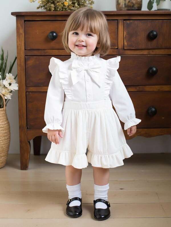 Souflis Souflis Baby Girl Ruffle Trim Flounce Sleeve Bow Front Shirt
