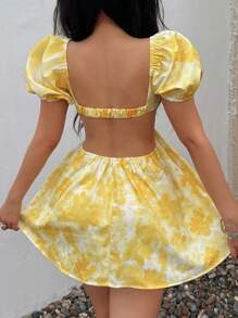 SHEIN Unity Váy mini thường ngày cho nữ có tay bồng, họa tiết hoa nhuộm loang, thời trang & đa năng cho kỳ nghỉ, mùa xuân/hè - Màu vàng - Xem 2