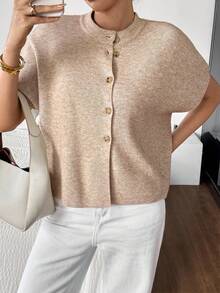 SHEIN Frenchy Women's Solid Color Round Neck Batwing Short Sleeve Single-Breasted Knitted Cardigan Winter Casual - Apricot - View 4