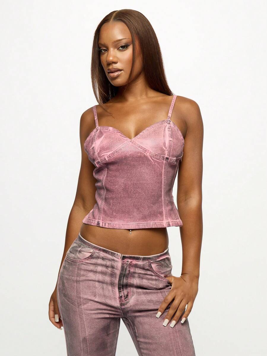 SUMWON WOMEN Áo Bralette denim Cami phong cách cổ điển Y2K thời trang Crop Tank co giãn axit vừa vặn lễ hội phong cách đường phố hàng ngày xuân hè - Hồng - Xem 1
