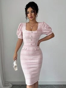 SHEIN PETITE 女士短袖泡泡袖方领高腰修身优雅浪漫中长连衣裙 - 粉色 - 查看 4