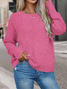 EMERY ROSE Casual Solid Color Drop Shoulder Loose Knit Sweater, Autumn/Winter Knit Pullover Fall - Hot Pink - View 6